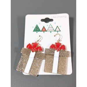 Christmas Gift Earrings Present Gold Tone Glitter‎ Red Enamel Bow Dangle NEW